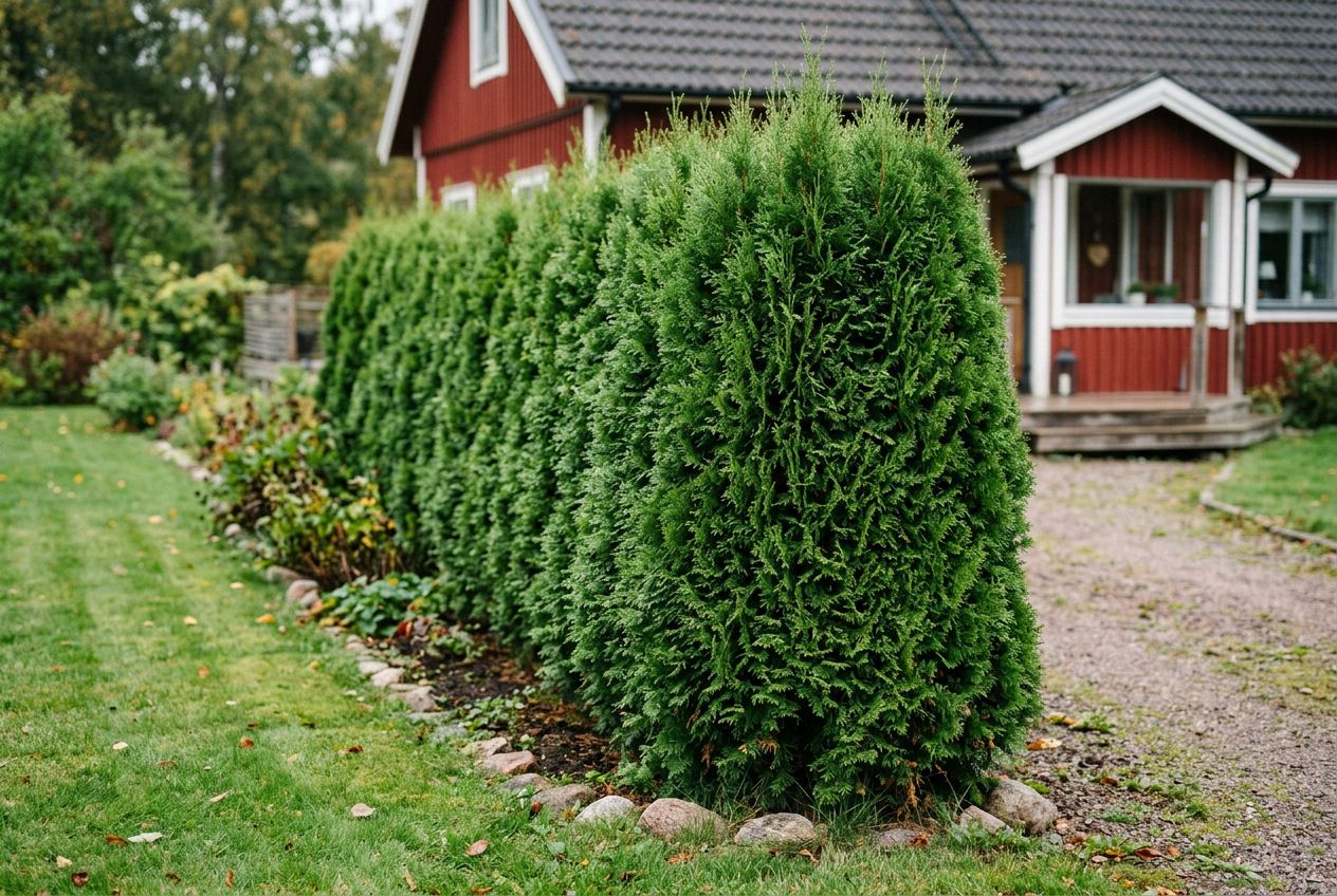 Thuja Smaragd (Thuja occidentalis 'Smaragd') i etablerad trädgård